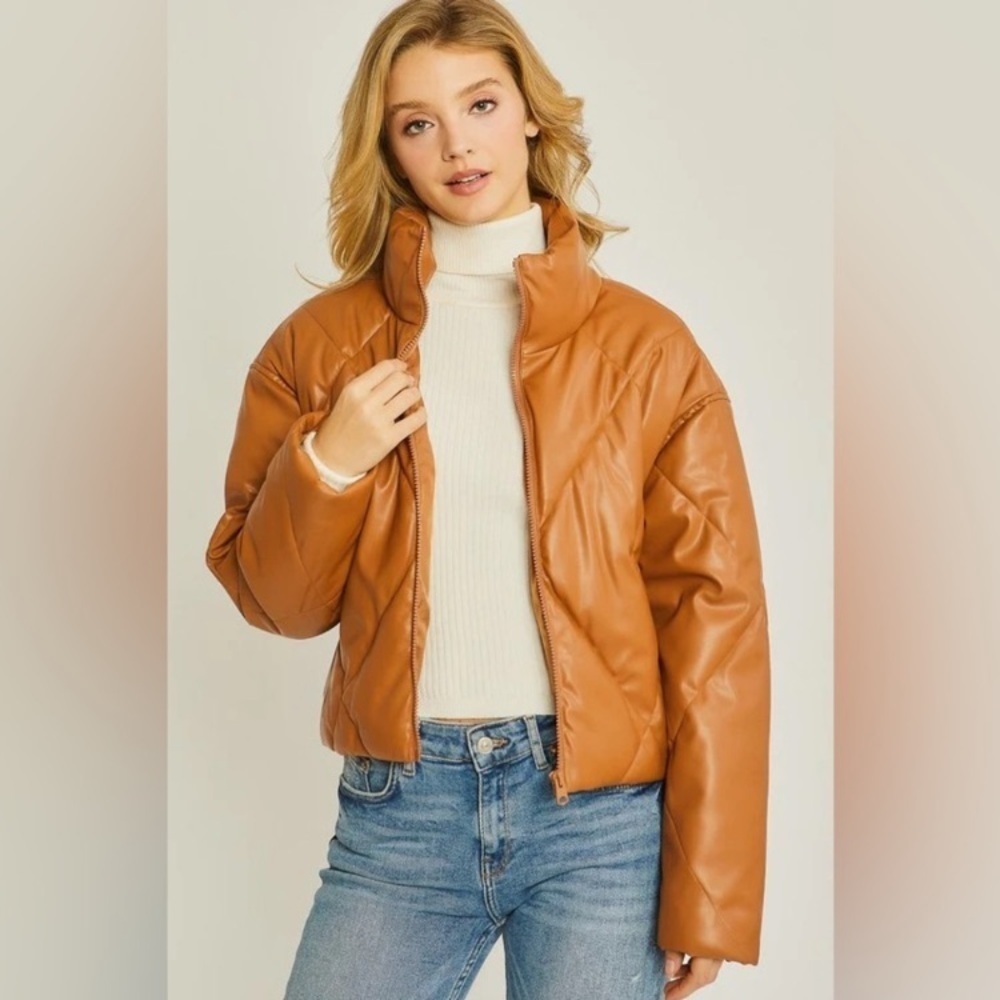 The Double Cross Faux Leather Puffer Jacket size s zipper bomber cognac‎ cropped